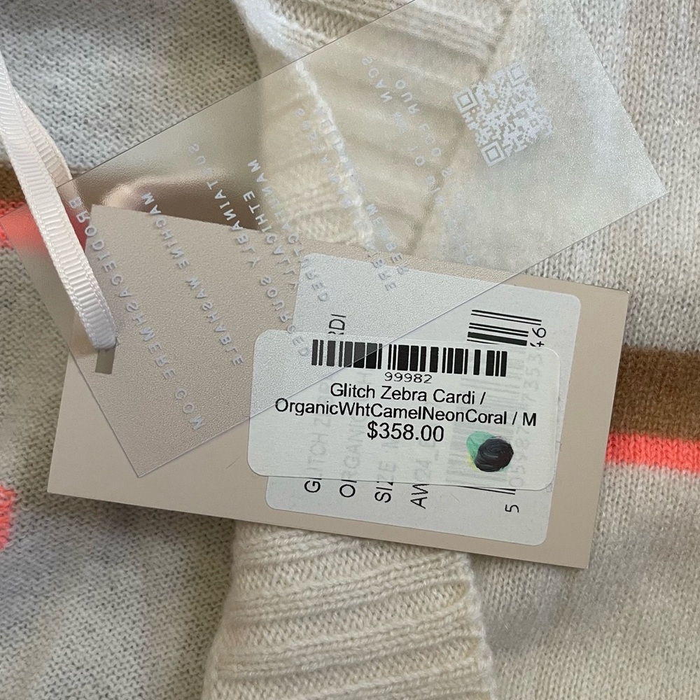 NWT Brodie Cashmere Glitch Zebra Cardigan, Organic White, Camel, Coral, Size Med - Picture 10 of 11